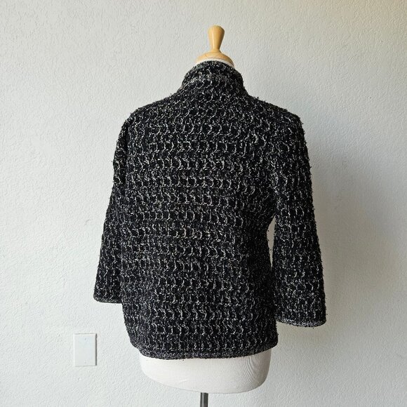 Vintage 70s 80s Black Acrylic KNit Open Front Cardigan Lurex Golden Silver M/L - Picture 5 of 7